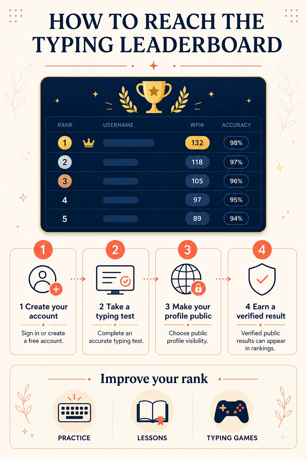How to reach the typing leaderboard: create an account, take a typing test, make your profile public, and earn a verified result.