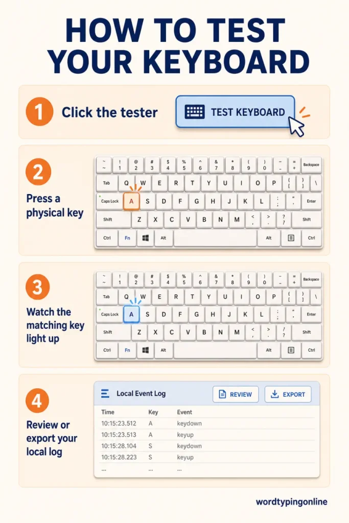 How to use the WordTypingOnline Keyboard Tester: click the tester, press a physical key, watch the matching key light up, then review or export your local event log.